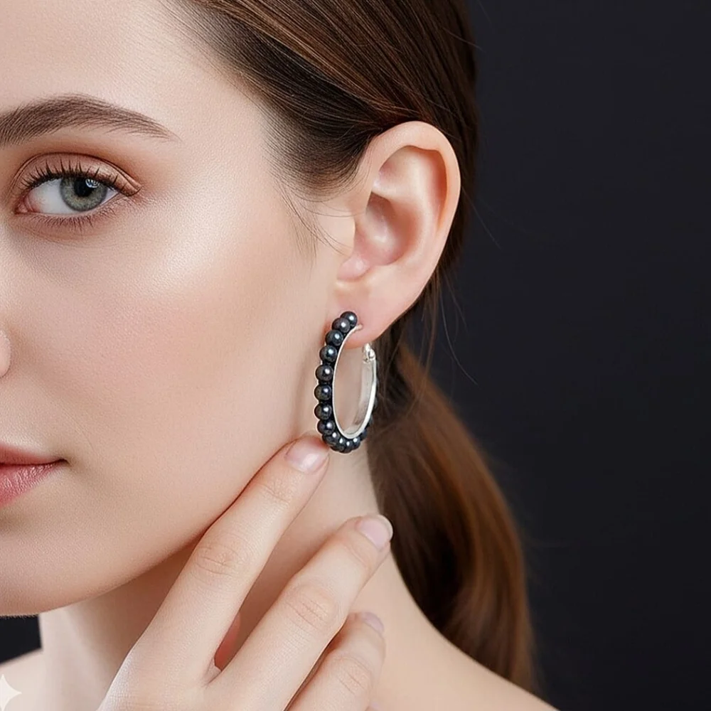 Peacock Color Shell Pearl Hoop Earrings in Stainless Steel - Picture 6 of 6